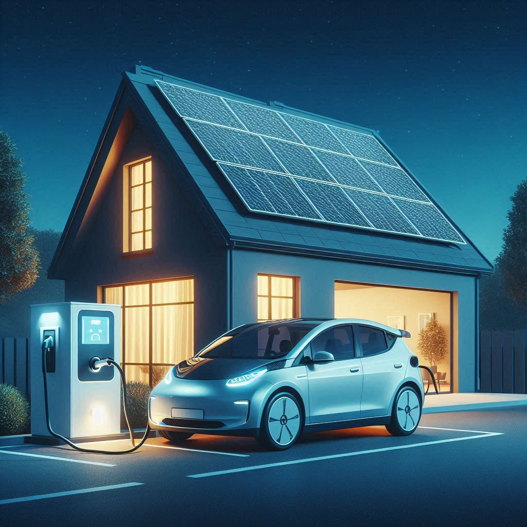 Carro elétrico conectado a um carregador em frente a casa com painéis solares no telhado, à noite